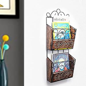 Image of Wall Magazine Rack | Wood & Wrought Iron Newspaper Holder | Book Storage Wall Shelf | Home & Office Organizer | Black & Natural | 67x28x11 cm