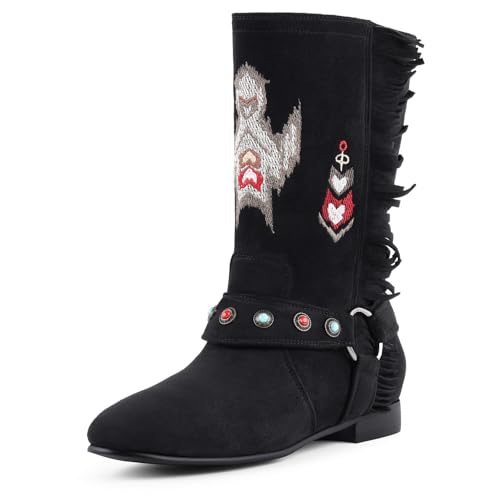 FancyQueen Womens Wide Width Ankle Boots Fringe Flat Moccasins Boots Slouchy Studded Embroidery Booties Comfort Short Boot