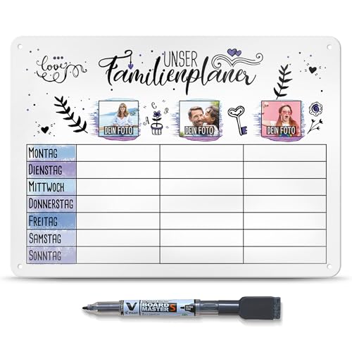 Wochenplaner abwischbar & magnetisch - Familienplaner mit 3 Fotos selbst gestalten - Whiteboard für 3 Personen, inkl. Marker - Familie, Küche, Kalender, Organisation, Planung I Personalisierbar, A3