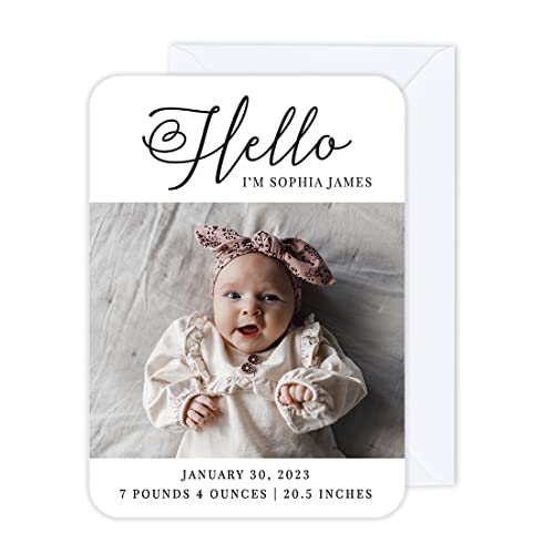 Andaz Press 24-Pack Personalized 5x7-Inch Baby Photo Announcement Cards with Envelopes, Hello Custom Name Baby Birth Announcement Stat Cards Baby Reveal Newborn Baby Photo Birth Cards For Family