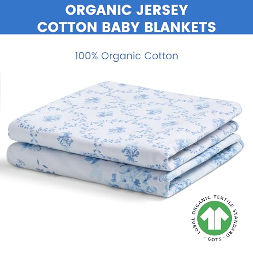 Image of Delta Children 100% Organic Jersey Cotton Baby Receiving Blankets for Girls and Boys - 30x40 Inches - GOTS Certified (Pack of 2), Blue Botanicals