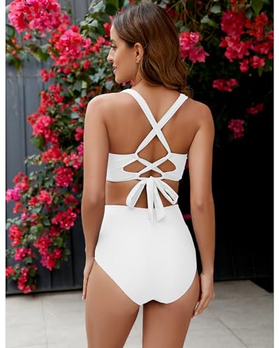 GRAPENT High Waisted Bikini Sets for Women Twist Front Tie Back 2 Piece Bathing Suit V Neck Ruched Swimsuits Bikinis2
