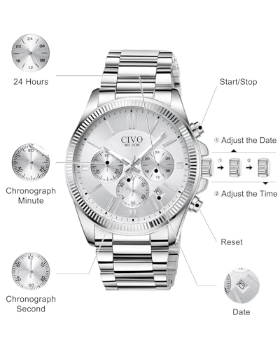 Miniatura 5 de Civo Reloj Hombre Analogico Plata: Relojes De Pulsera Acero Inoxidable - Reloj Cronografo Hombre Elegante Regalo