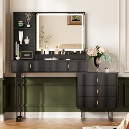 Large Vanity Desk with 3 Color Touch Screen Dimming Mirror, Vanity Desk with Charging Station...
