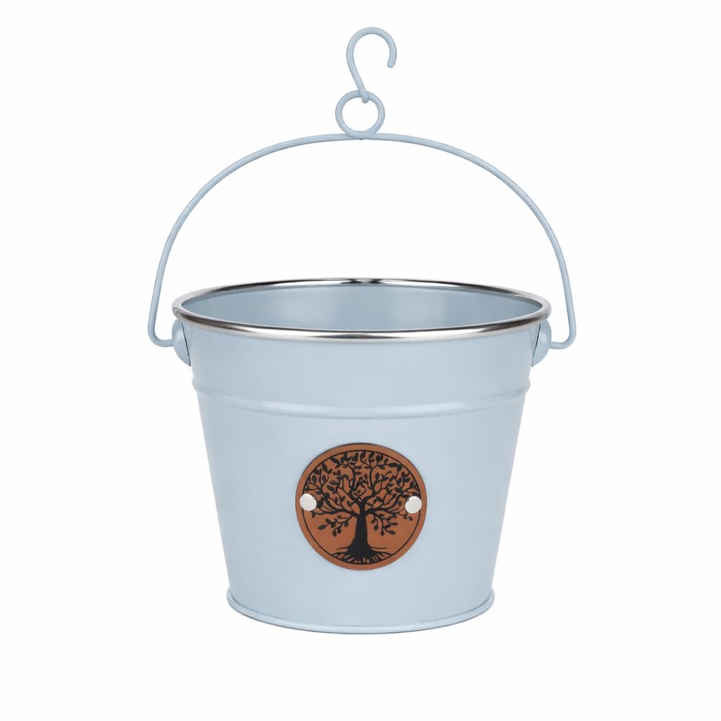 Quickdraw Hanging Metal Peg Bucket with Hook - Tree of Life Storage Bucket Planter for Fence Balcony Railings - Garden Laundry Peg Holder Herb Flower Pot (Duck Egg Blue)