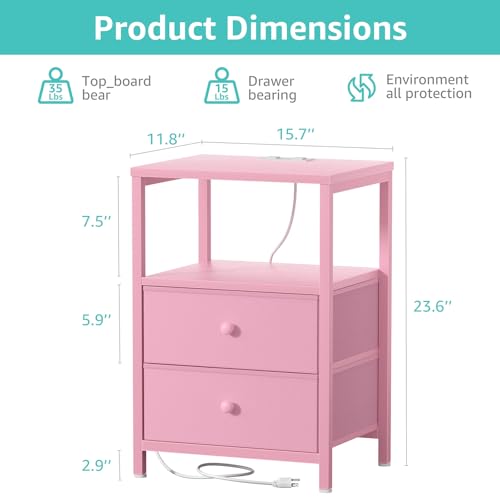 Image of BOLUO Pink Nightstand with Charging Station, LED Night Stand with 2 Fabric Drawers, Bedside Table with USB Ports and Outlets, Nightstand for Bedroom Modern
