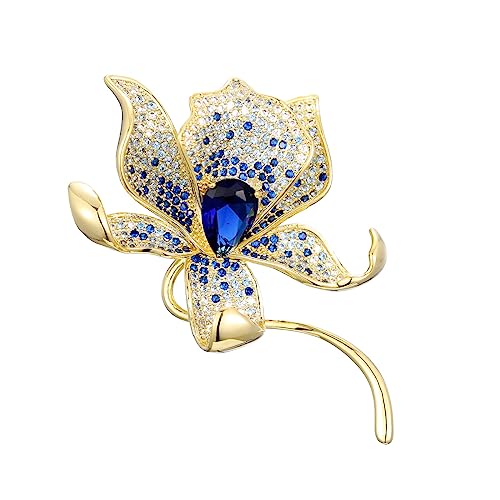 Image of Stunning Handmade Lily Brooch in 14K Gold with Crystal Encrusted, Luxurious Moissanite Botanical Floral Corsage, Ideal Botanical Theme Shawl Accessory