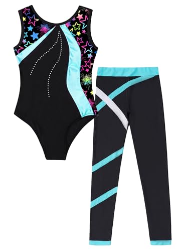 Kids Girls Dance Skating Outfit Sleeveless Printed Patchwork Leotard and Colorblock Leggings Tracksuit3