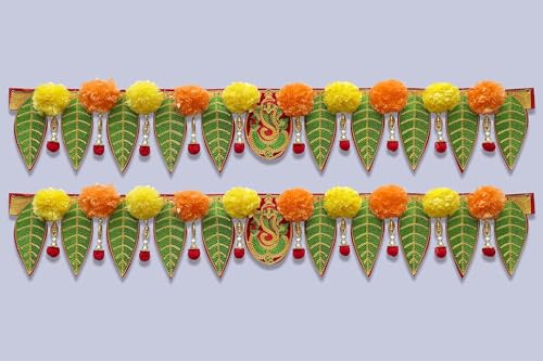 Image of HEGIENES DECOR'S Decorative Ganesh Pan Toran - Washable Door Hanging with Artificial Marigold Flowers, Ideal for Home Entrance or Office Use - Pack of 2