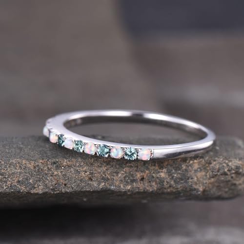 18k Solid Yellow Gold Opal & Aquamarine Wedding Band for Women, Unique Half Eternity Handmade Gift Ring, Dainty Promise Ring, Stackable Bridal Jewelry, Birthday or Valentine’s Day Gift4