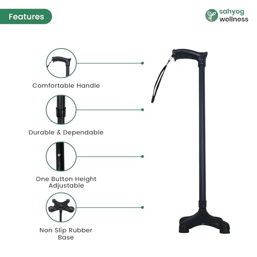 Image of Sahyog Wellness Height Adjustable Walking Stick for Elderly & Physically Challenged with 4 Legs (Black)