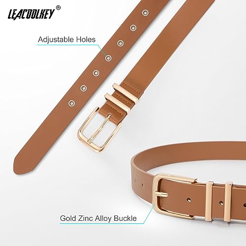 LEACOOLKEY 3 Pack Women's Leather Belts for Jeans Dress Pants Fashion Ladies Leather Belts with Gold Buckle3
