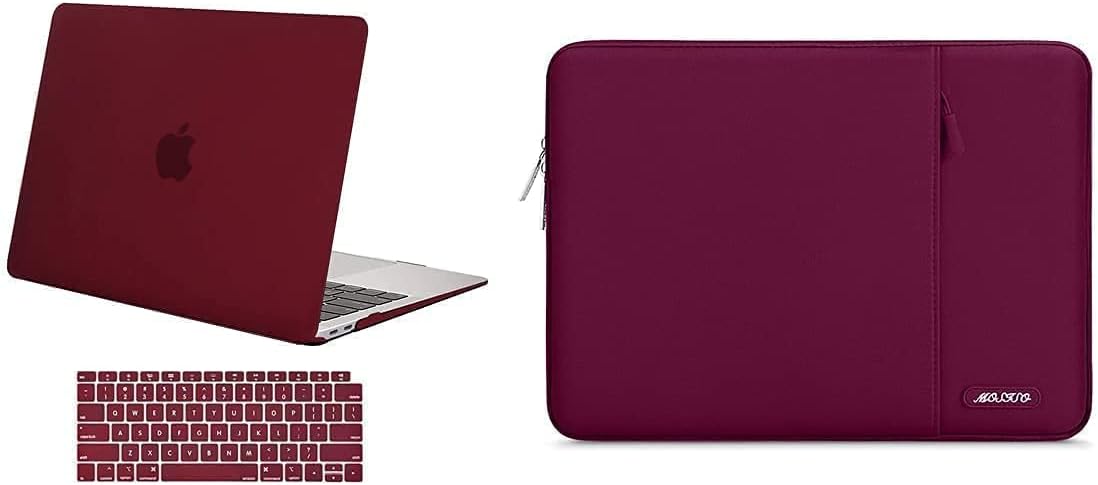 MOSISO Compatible with MacBook Air 13 inch Case 2018-2020 Rlease A2337 M1 A2179 A1932, Plastic Hard Shell&Vertical Bag with Pocket&Keyboard Cover, Marsala Red&Wine Red