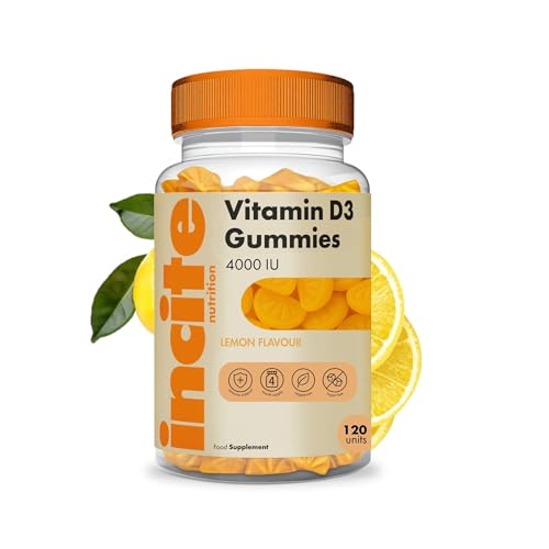 Incite Nutrition Vitamin D Gummies. 120 Lemon Flavour Chewable High Strength Vitamin D 4000 iu Gummies. 4 Month Supply of D3 Vitamins for Muscle Function, Immune Health and Year-Round Wellness