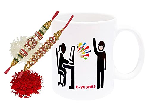 Purpledip Bhai Dooj Rakhi Hamper: E-Wishes Ceramic Mug, 2 Designer Rakhi & Roli Chawal (rakhi64a), Multicolor, 250 ml