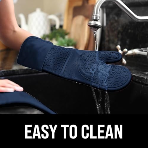 Image of BPA-Free Soft Silicone Oven Mitts - Ultra Heat Resistant Oven Mitts with Thick Cotton Liner - Extra Long Slip Resistant Pot Holders, Flexible Oven Gloves - Navy 14.7 inch