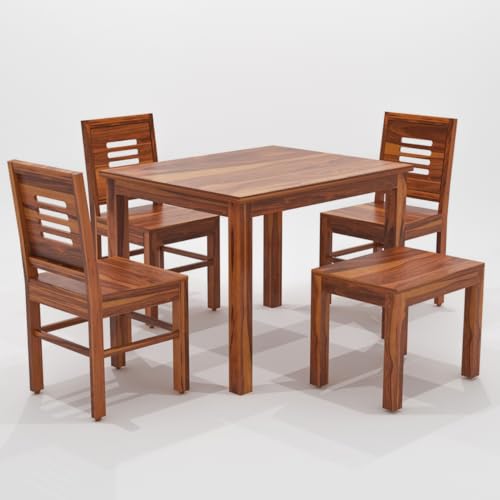 Image of Wooden Solid Sheesham Wood Dining Table 4 Seater | Dining Table Set with 3 Chairs & 1 Bench | Home Dining Room Furniture sheesham Wood Dining Table 4 Seater | sheesham Finish