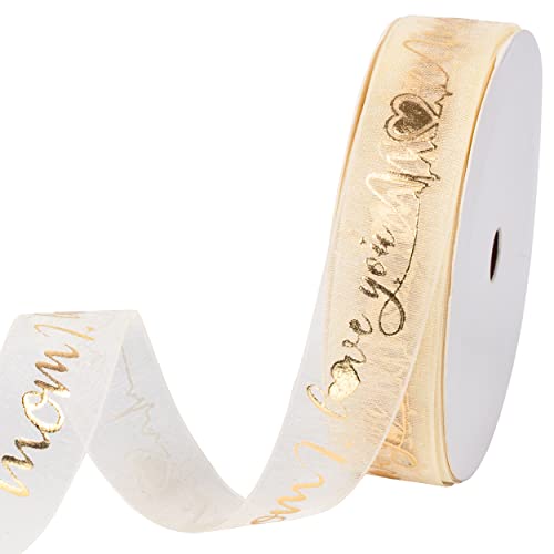 Holijolly Mothers Day Sheer Ribbon Gold Snow Yarn Ribbon with Mom I Love You Lettering for Gift Wrapping Floral Bouquets Decor DIY Crafts 3/4 Inch x 10 Yards