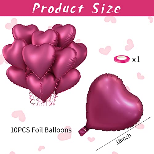 Image of Biapian Foil Heart Balloons, 10PCS Pink Heart Shape Balloons Valentines Balloons 18inch Rose Red Foil Balloons for Helium Birthday Decorations for Girls Women for Valentines Day, Wedding, Anniversary