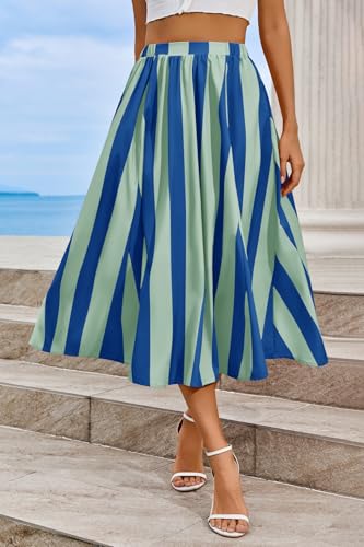 Image of Cicy Bell Womens Summer Striped Maxi Skirts A-Line Beach Vacation Outfits | Elastic Waist, Side Pockets, Flowy, Midi Length, Color Contrast, Trendy Casual