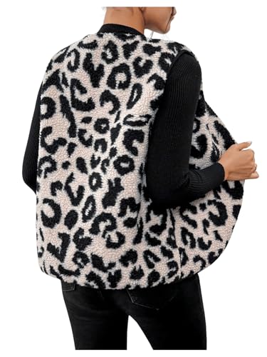 GORGLITTER Ärmellose Teddy Weste Damen Leicht Leoprint Mit Knöpfen Leo Farbblock Jacke Winter S
