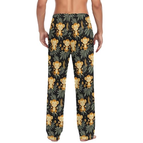 Mens Pajama Pants Monkey Palm Leaves Flower Soft Lounge Sleep Pj Bottoms with Drawstring Pockets3