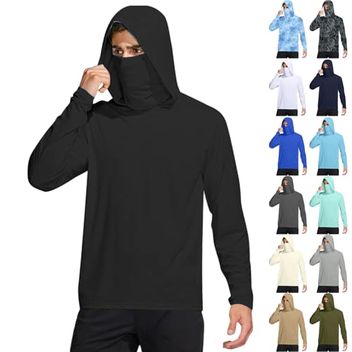 Sun Shirts for Men Hooded, Long Sleeve UPF 50+ Fishing Shirt Hoodie with Face Mask Rash Guards Cooling Hoodies