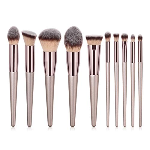 ILADIO Makeup Brush Sets - 10 PCS Wood Handle Soft Synthetic fiber hair Kabuki Powder Blush Liquid Eyeliner Eyeshadow Lip Eyebrow Brush (Champagne Gold)