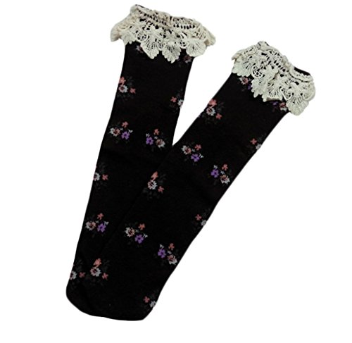 Lace Knee High Socks for Girls Cotton Floral Print Knee Socks