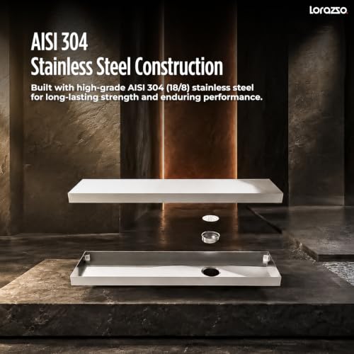 Image of Lorazzo Linea Tile-Insert SS304 Shower Drain Channel 12x4 Inch | Built-in Cockroach Trap | Stainless Steel Floor Drain | Silver Finish | Bathroom Shower Drain | 10 Year Warranty