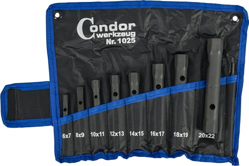 CONDOR Werkzeug 1025 | Rohrsteckschlüssel-Satz Doppelrohr-Set Steckschlüsselsatz | 9-tlg. | SW 6x7-20x22 mm | inkl. Tetron-Rolltasche Doppelsteckschlüssel Set für Werkstatt und Heimwerker