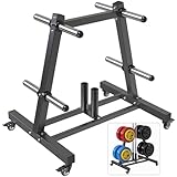 Kipika Weight Plate Tree Rack, Weight Holder for 2 inch Olympic Weight Plate & 2 Barbell Holders, Heavy Duty Bumper Plate Storage Organizer for Home Gym with Optional Wheels (B-Black (with Wheels, 550 LBS))