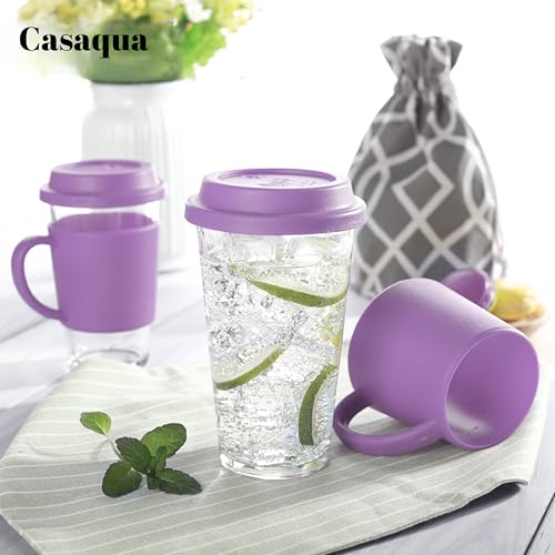 Image of Glass Coffee Travel Mug with Silicone Sleeve & Lid - 400ml, Set of 1, Reusable Clear Glass Coffee Cup with Handle, Leak-Resistant Portable Tea Mug for Hot & Cold Drinks, Office & Home