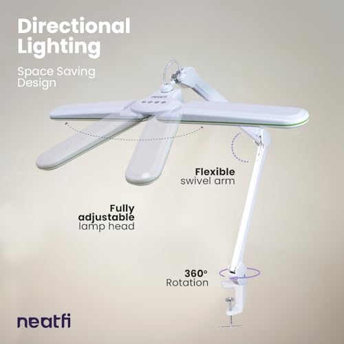 Image of Neatfi Elite HD XL LED Desk Lamp | 3 Light Modes | Non-Polar Dimming | 17 Inches Wide | Eye-Caring Desk Light for Home Office, Drafting, Beauty Shop, Workbench (Green Ring, CCT with Clamp)