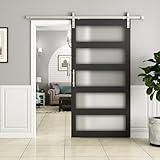 BARNSMITH 48in x 96in Glass Barn Door with 8FT Nickle Sliding Door Hardware Included, 5-Panel Frosted Glass Sliding Barn Door, Solid Wood Covered with Water-Proof PVC Surface, Easy Assembly, Black