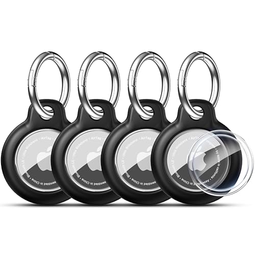 Image of RFUNGUANGO Apple AirTag Holder with Key Ring 4 Pack AirTag Case | Hard Protective AirTag Case for Kid, Pet, Luggage, Backpack, Key - 4 Pack Black