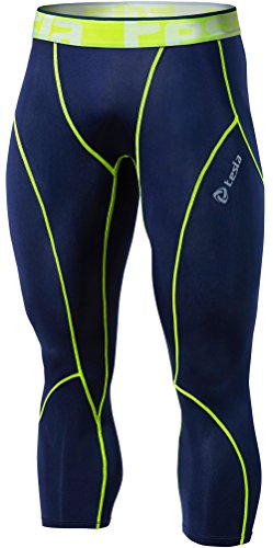 TSLA Men's 3/4 Compression Pants, Running Workout Tights, Cool Dry Capri Athletic Leggings, Yoga Gym Base Layer, Zero Pants Navy, Large