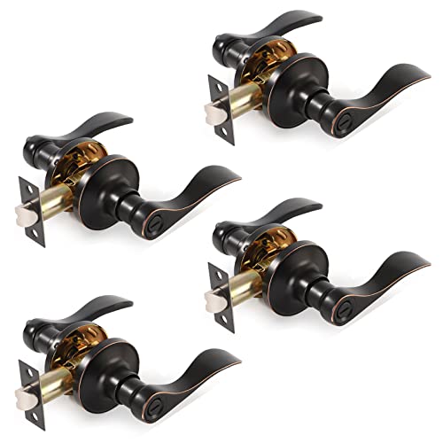 4 Pack Door Handles Interior Door Knobs, Oil Rubbed Bronze Door Levers For Bedroom Bathroom, Keyless Privacy Door Lockset - Locked Inside, Keyless Door Locks With Elegant Wave Door Handle #TOP17