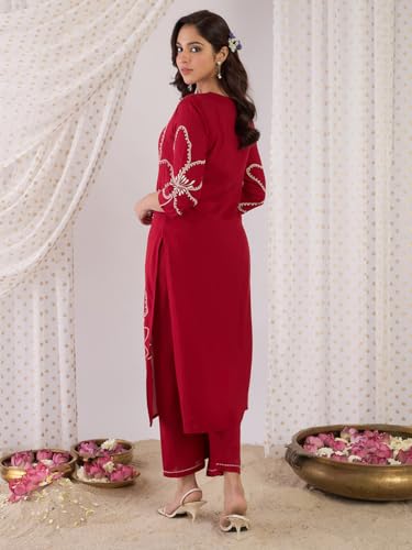 Image of INDO ERA Women's Straight Viscose Rayon Floral Embroidered Kurta & Palazzo Set (IESTR9981)