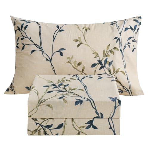 Image of JSD Beige Leaves Printed Twin Sheet Set Extra Deep Pocket | 3 Piece Soft Botanical Microfiber Sheets, OEKO-TEX Certified, Easy Care