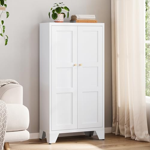 Yizosh Metal Storage Cabinet with Doors and 3 Adjustable Shelves - 47' White Kitchen Pantry Storage Cabinet Locker for Kitchen,Living Room,Dining Room