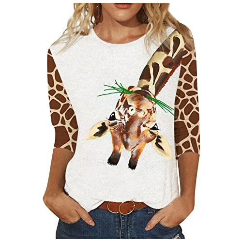 yiouyisheng Damen T-Shirt mit 3/4 Ärmeln, Giraffe, Tiger, Zebra, Tierdruck, Rundhalsausschnitt, lockere, lässige Oberteile, 3/4 Arm Shirt Damen, Tshirt Damen 3/4 Sleeve Tops Cover
