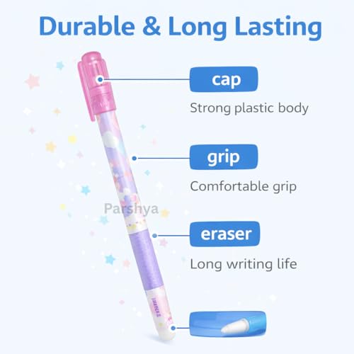 Image of KiddieWorld 12 Pcs Unicoorn Theme Erasable Gel Pens Set for Kids & Students | 0.5mm Smooth Writing Blue Ink | Cute Kawaii School Stationery | Write Erase Rewrite Pens for School, Return Gifts
