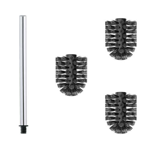 WAVEWO Brosse WC INOX de 3 têtes de Brosse WC de 7 cm de diamètre + 1 poignée en Acier Inoxydable 304 de 27 cm - Interchangeable et Durable (Noir, Diamètre 6.5CM)