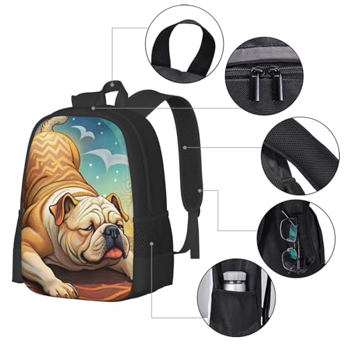 Large Capacity Bulldog Stretching Enchanting Dog Art Backpack Multipurpose Bag Zipper Backpack Unisex 17 in4
