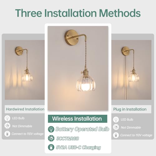 Image of Shenmoyl Battery Operated Wall Sconce with Clear Tulip Shade Pattern Glass Adjustable Chain Retro Gold Wall Mounted Light, Modern Wall Decor for Bedside Bedroom Indoor Doorway, Set of 2