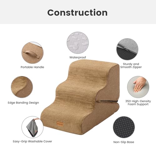 Image of Gardner Pet Dog Stairs for Small Dogs 16.5 inch H, 2 in 1 Transformable 3-Step Pet Stairs and Dog Ramp for Couch (13-20 in), Brown Adjustable Pet Steps with Non-Slip Waterproof Cover and CertiPUR-US Foam