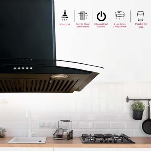 RUWA DOVE 60cm Wall Mount Kitchen Chimney | 1100 m³/hr Suction | Stainless Steel Baffle Filter | Push Button Controls | 3W LED Lights | Plastic Oil... - Image 6