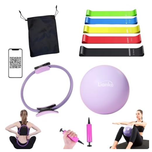 Set de 5 Bandas Elásticas Fitness,Pelota Pequeña de Pilates,Aro de Pilates,Kit de Pilates para Ejercicio en Casa,Cintas Elásticas musculación,Bandas de Resistencia con QR Clases Gratuitos