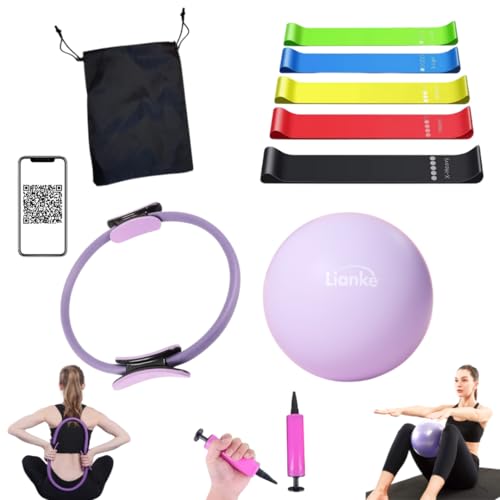 Set de 5 Bandas Elásticas Fitness,Pelota Pequeña de Pilates,Aro de Pilates,Kit de Pilates para Ejercicio en Casa,Cintas Elásticas musculación,Bandas de Resistencia con QR Clases Gratuitos